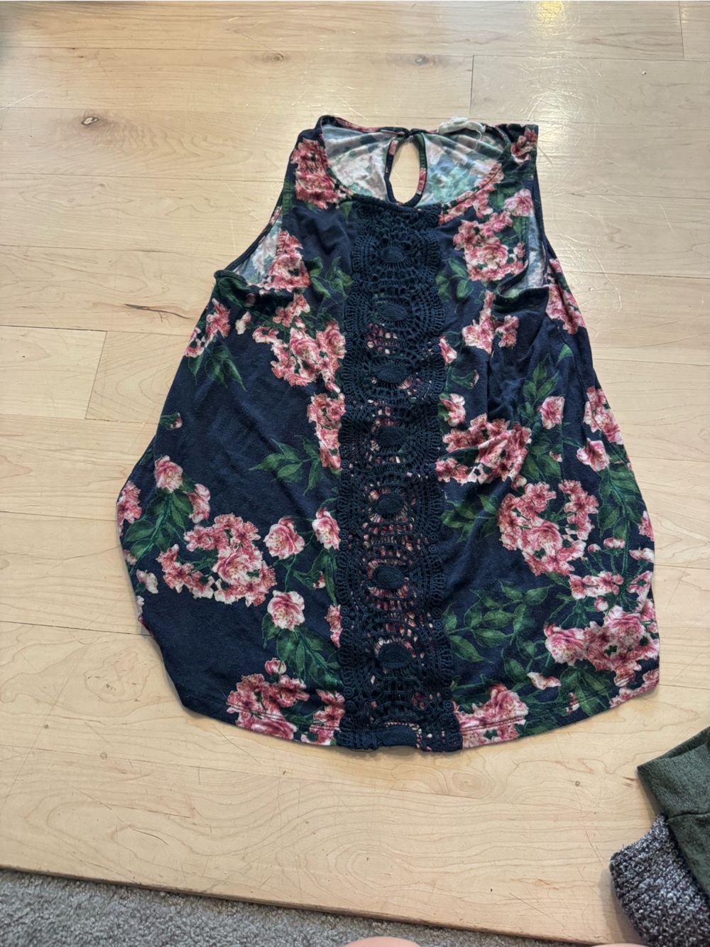 Navy Floral Crochet-Front Sleeveless Top